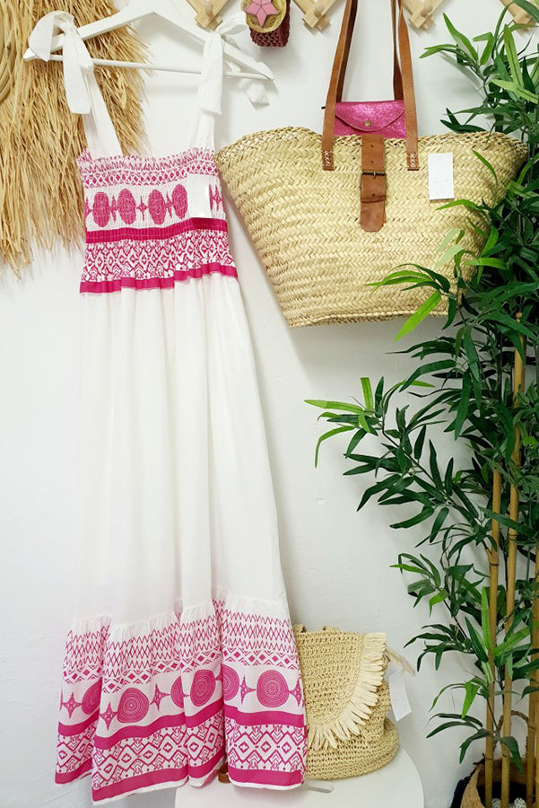 CD | Malibu Villa Rochie maxi imprimată etnic cu umeri smocked