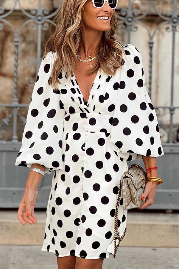 CD | Rochie mini cu mâneci bufante și nasturi polka dot