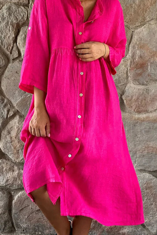 CD | bumbac lenjerie culoare solidă casual stand guler buton rochie lungă