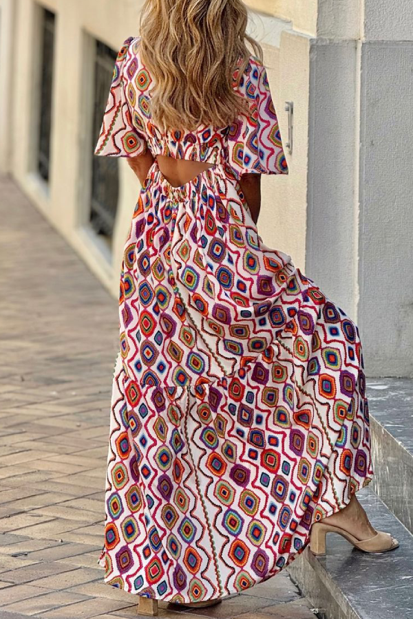 CD | Vintage V-neck cu mânecă scurtă în carouri rochie midi