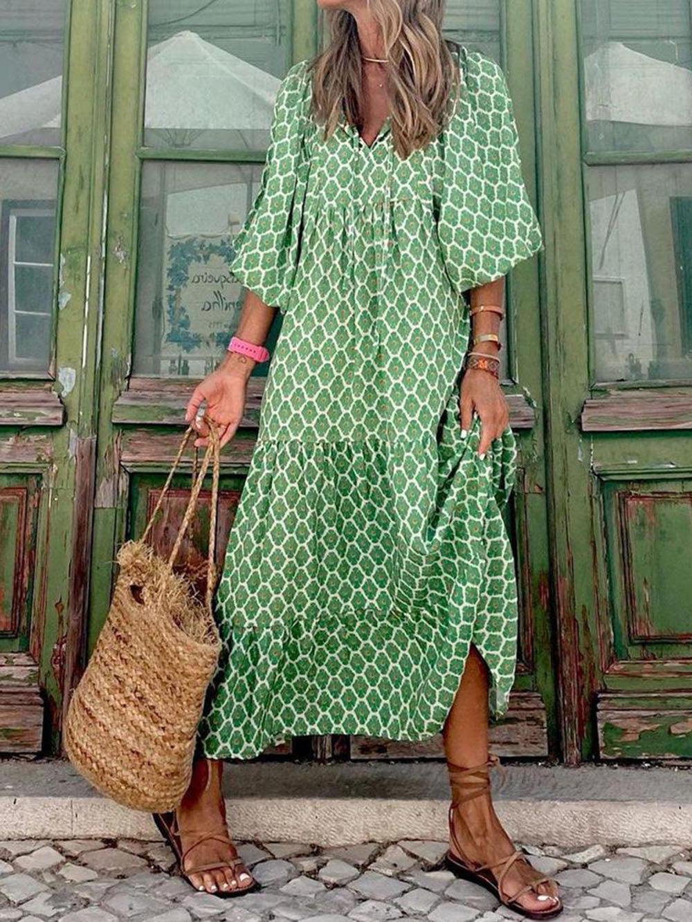 CD | Rochie maxi pentru femei - decolteu în V - fustă cu cravată - croială lejeră - stil ușor casual