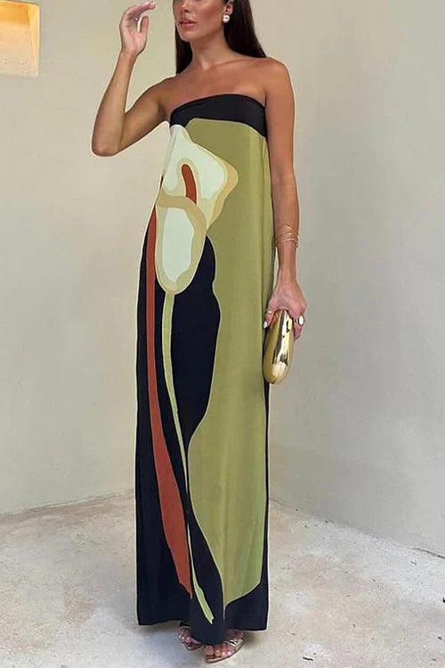 CD | Rochie maxi pentru femei - fără bretele - material ușor - siluetă coloană - imprimeu abstract