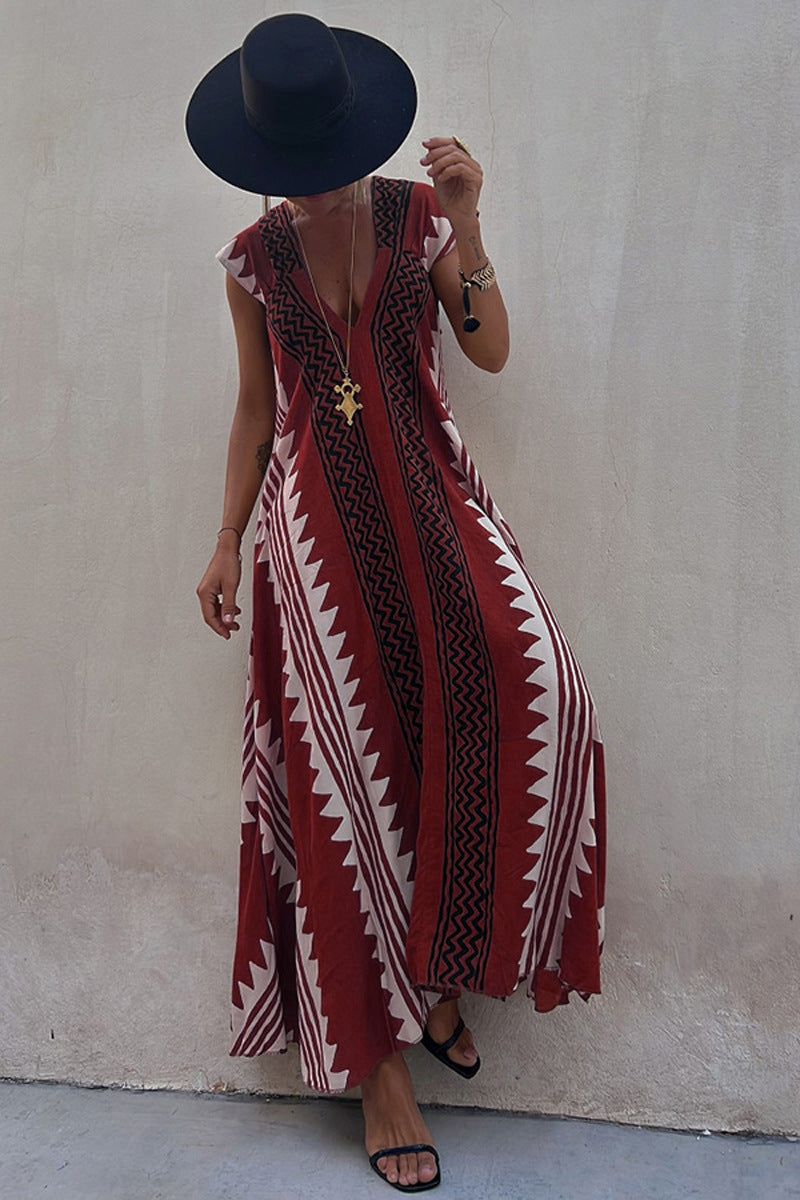 CD | Beach date Ethno print rochie maxi în A-line