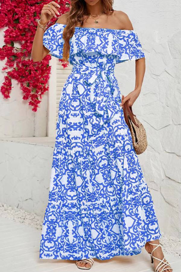 CD | Rochie maxi cu mâneci scurte, fără umeri, cu model cu volane