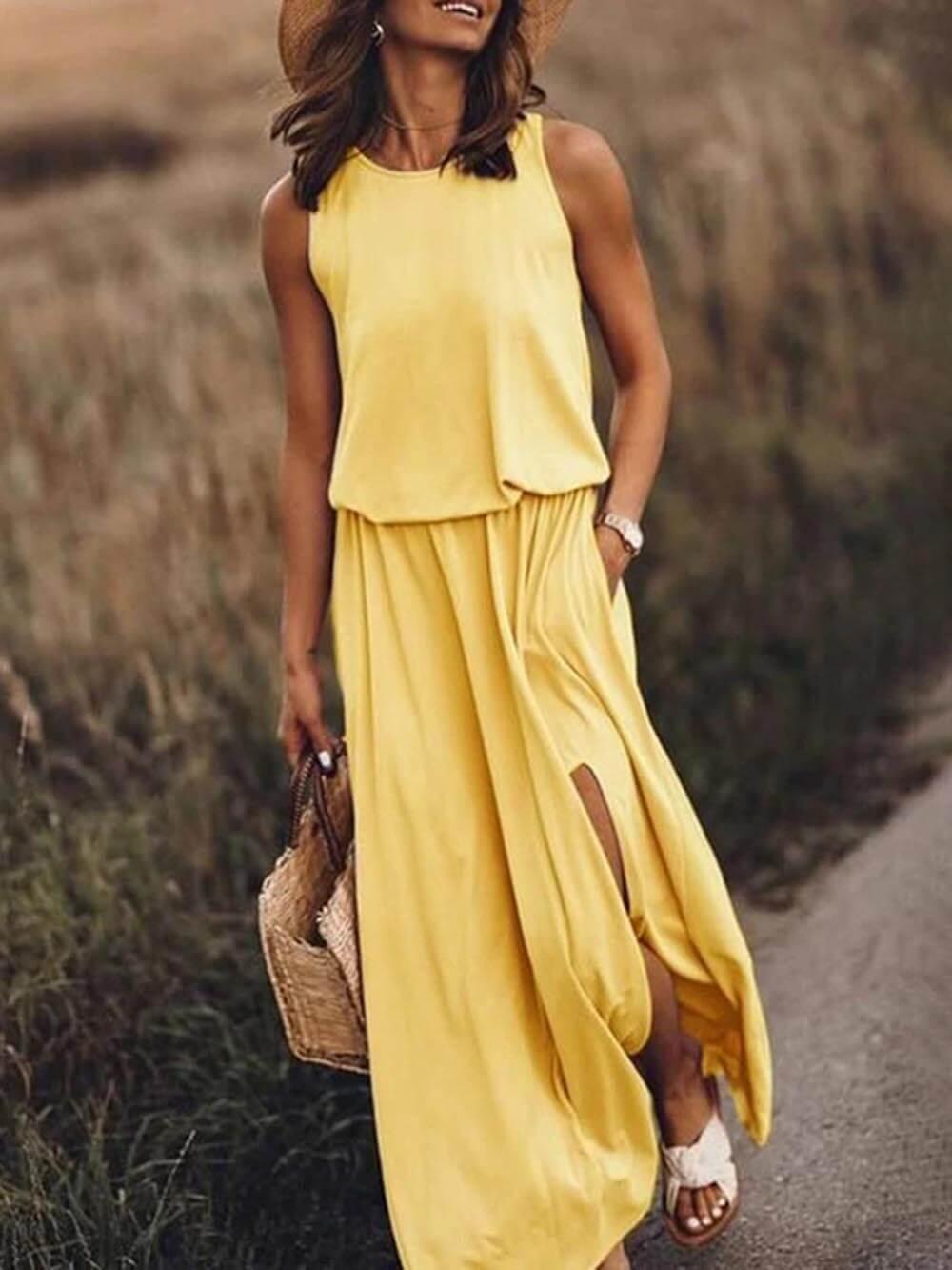 CD | Rochie maxi pentru femei - fără mâneci - croială fluidă - decolteu rotund - fantă laterală stil casual