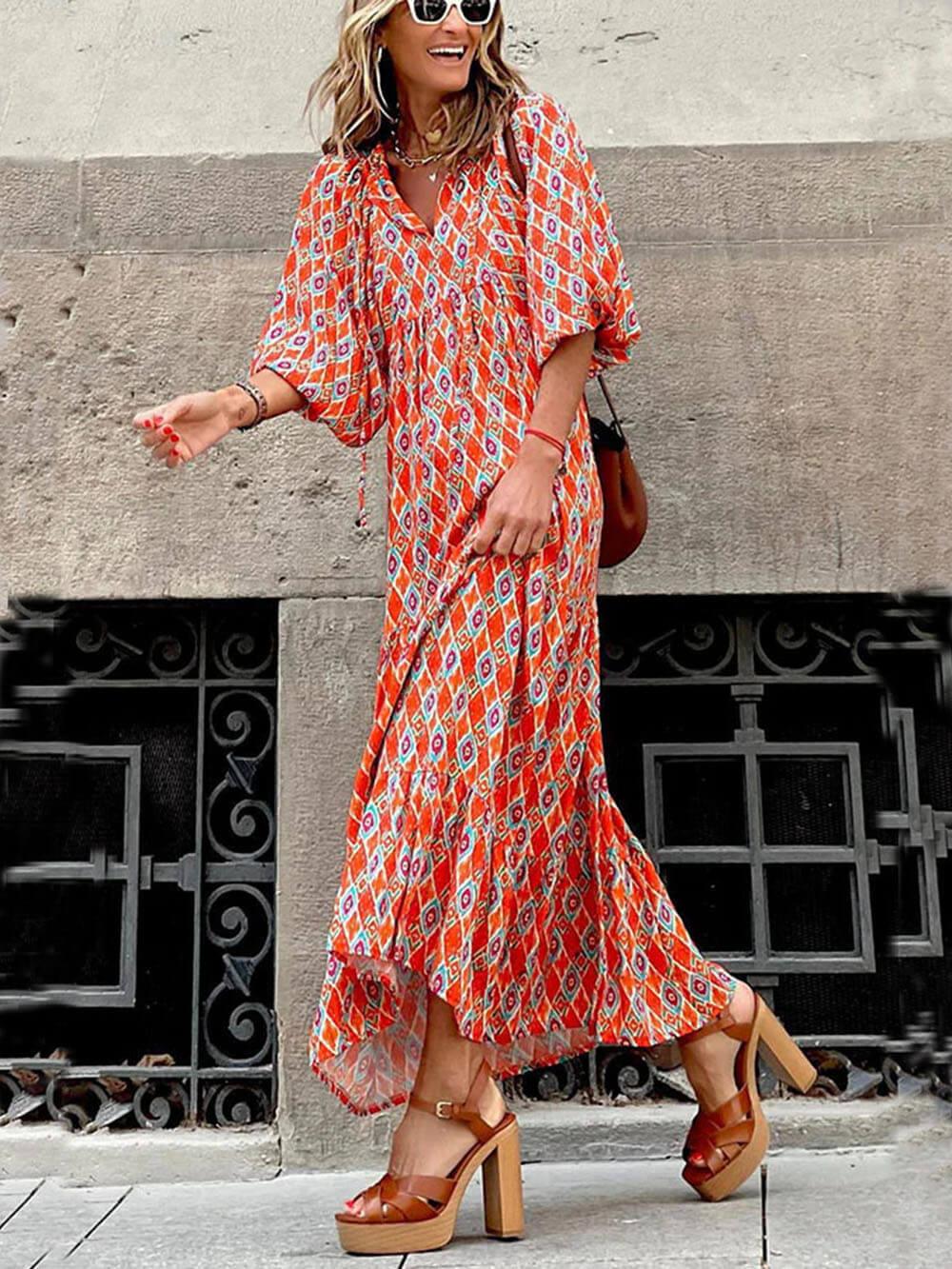 CD | Rochie maxi pentru femei - decolteu în V - fustă cu cravată - croială lejeră - stil ușor casual