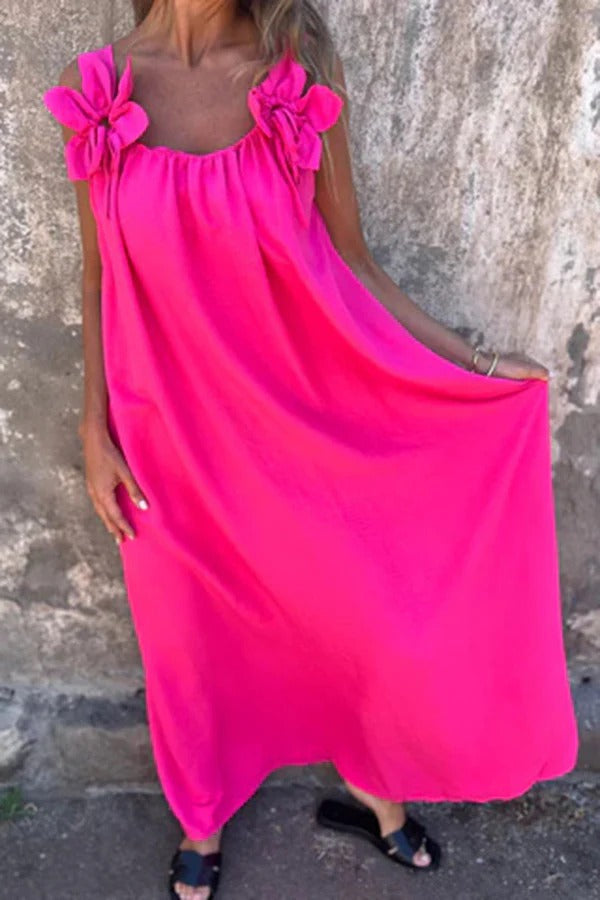 CD | Rochie Maxi solidă cu ornamente florale, fără mâneci, lejeră