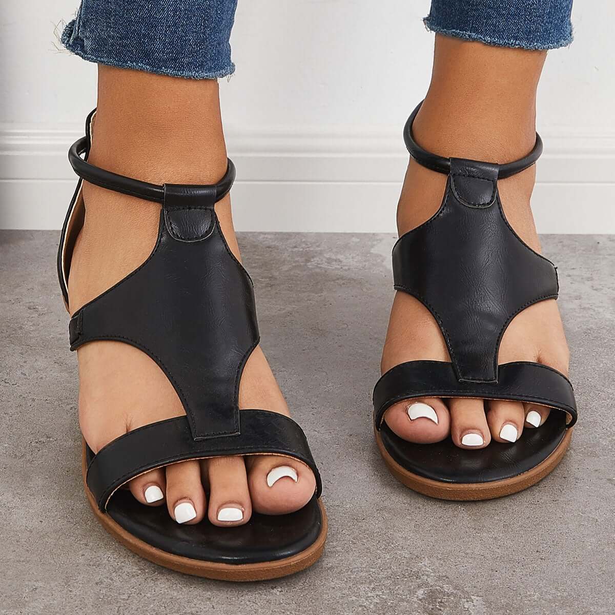 CD | T-Strap Low Wedge Sandale Back Zip Ankle Strap Pantofi