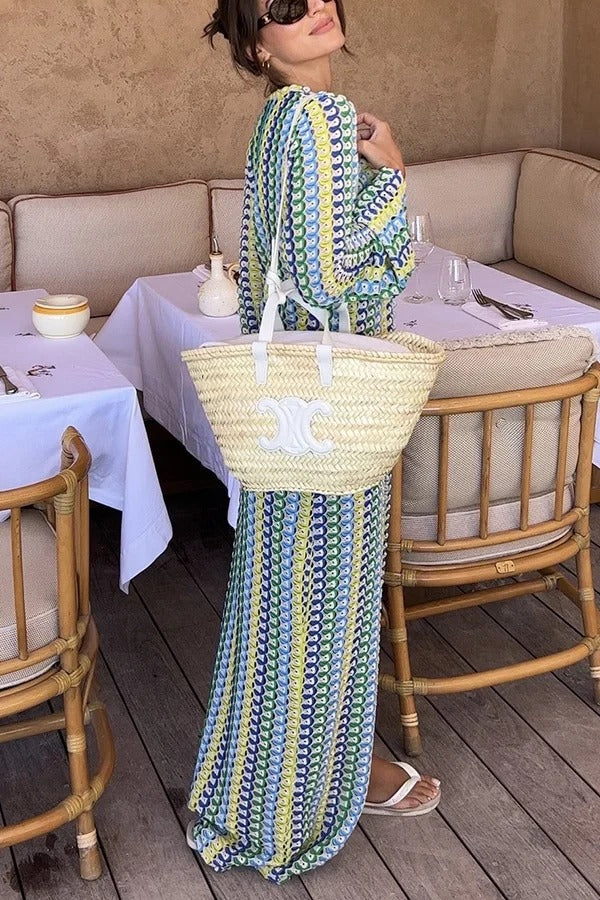CD | Bondi plaja tricot colorat val de imprimare cu mânecă lungă de vacanță rochie maxi