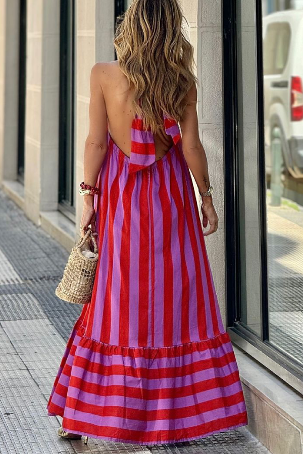 CD | Casual Red Striped vrac Backless rochie lungă