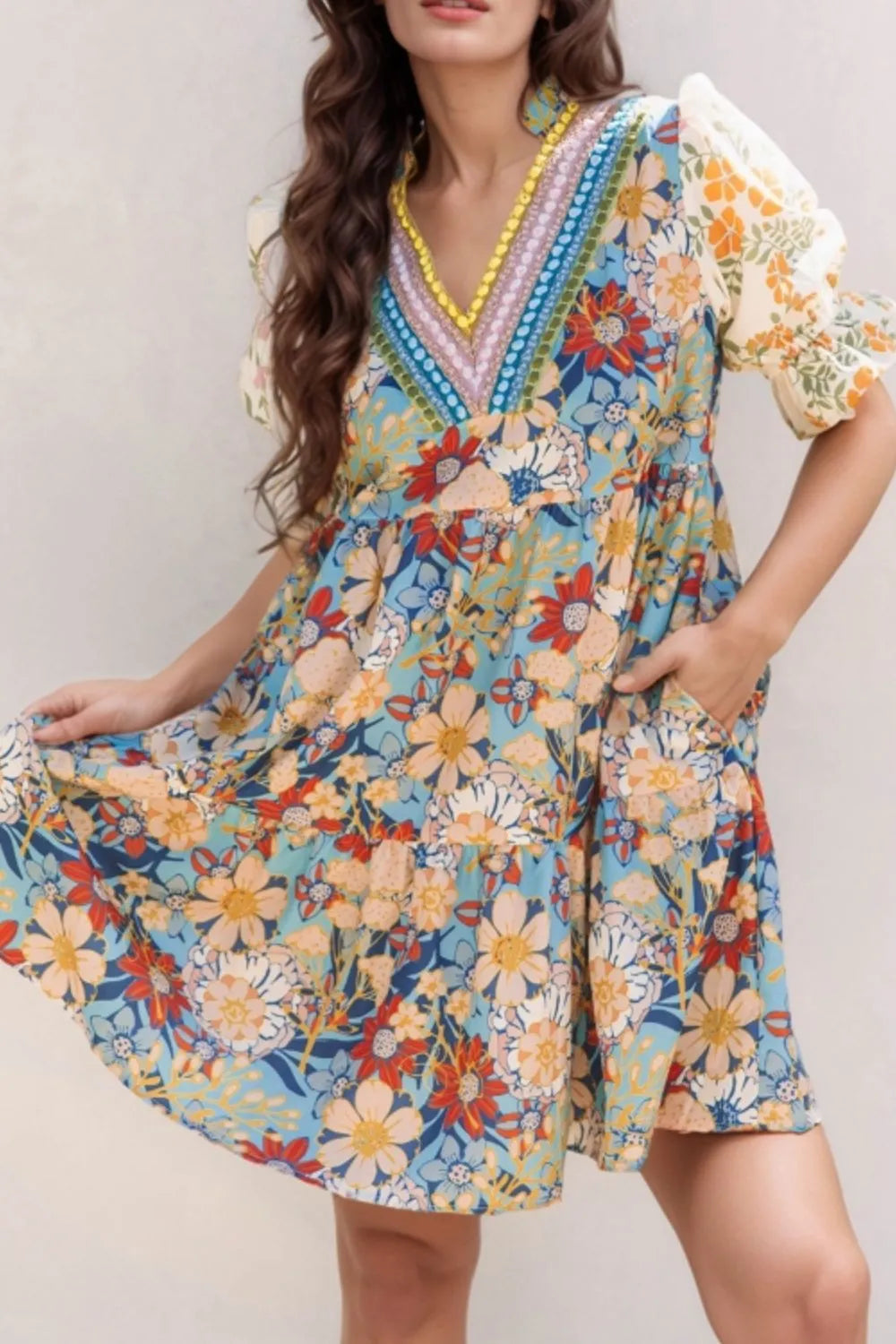 CD | Rochie mini imprimată cu mâneci crestate și volane