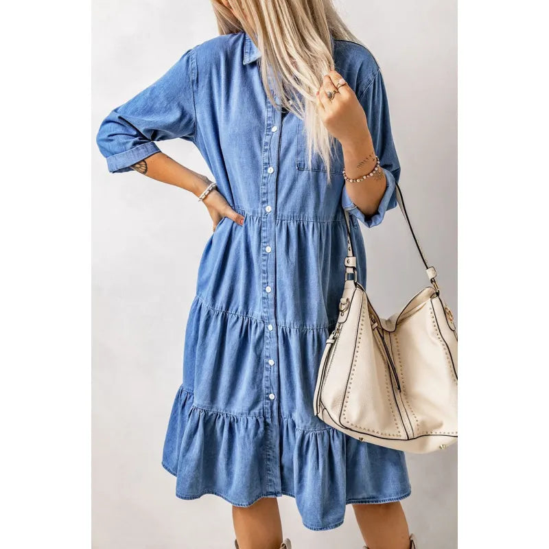 CD | Rochie mini chambray cu volane și croială cu nasturi din denim