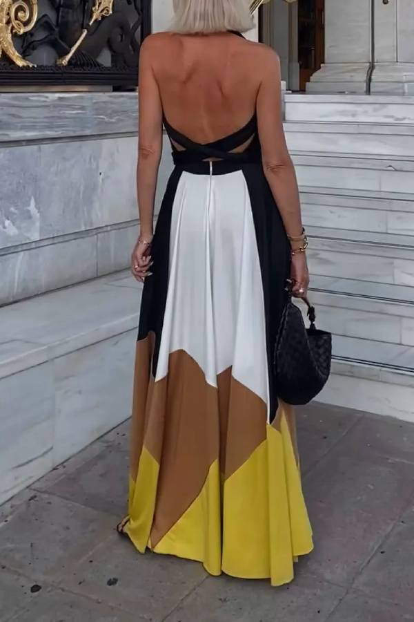 CD | Colorblock Lace-up Backless Sexy rochie lungă Swing