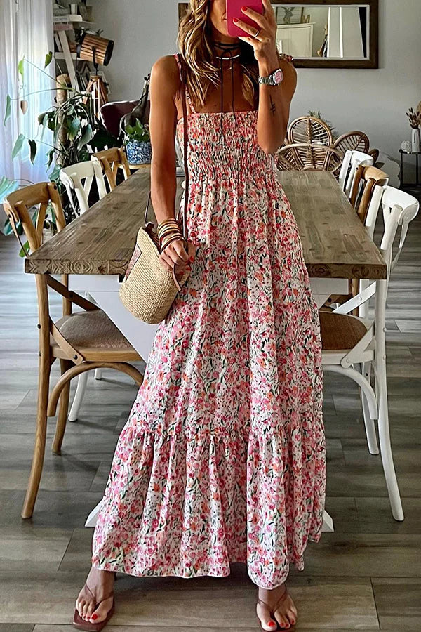 CD | Gata de vacanță rochie maxi cu imprimare florală și talie smocked