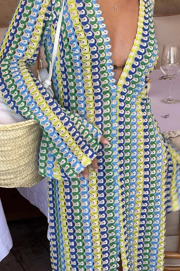 CD | Bondi plaja tricot colorat val de imprimare cu mânecă lungă de vacanță rochie maxi