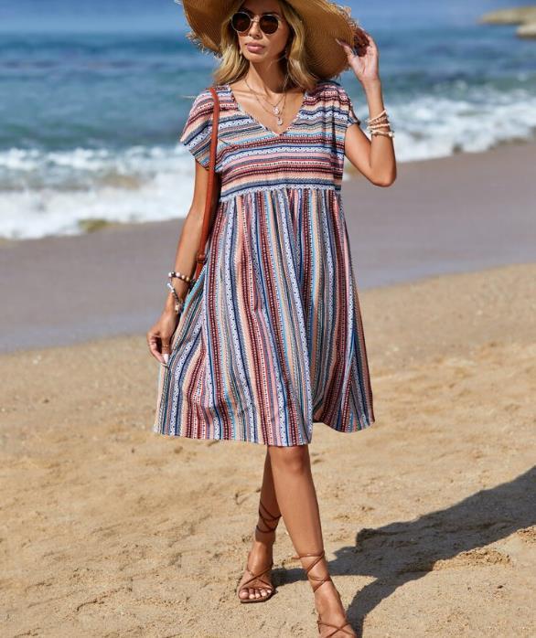 CD | Rochie mini boho cu dungi elegante și fluide