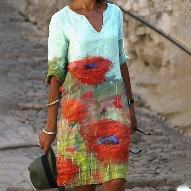 CD - Rochie fermecătoare din in cu model floral pentru femei