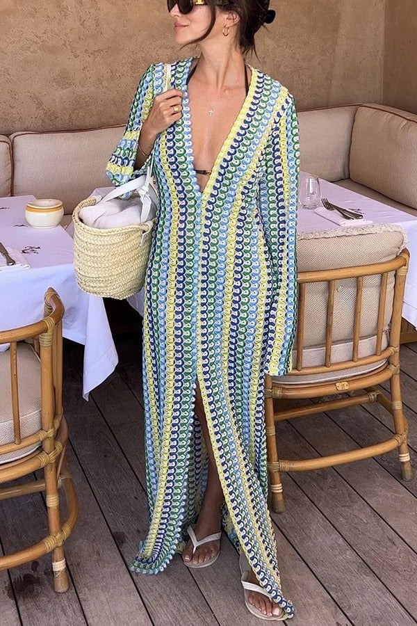 CD | Bondi plaja tricot colorat val de imprimare cu mânecă lungă de vacanță rochie maxi