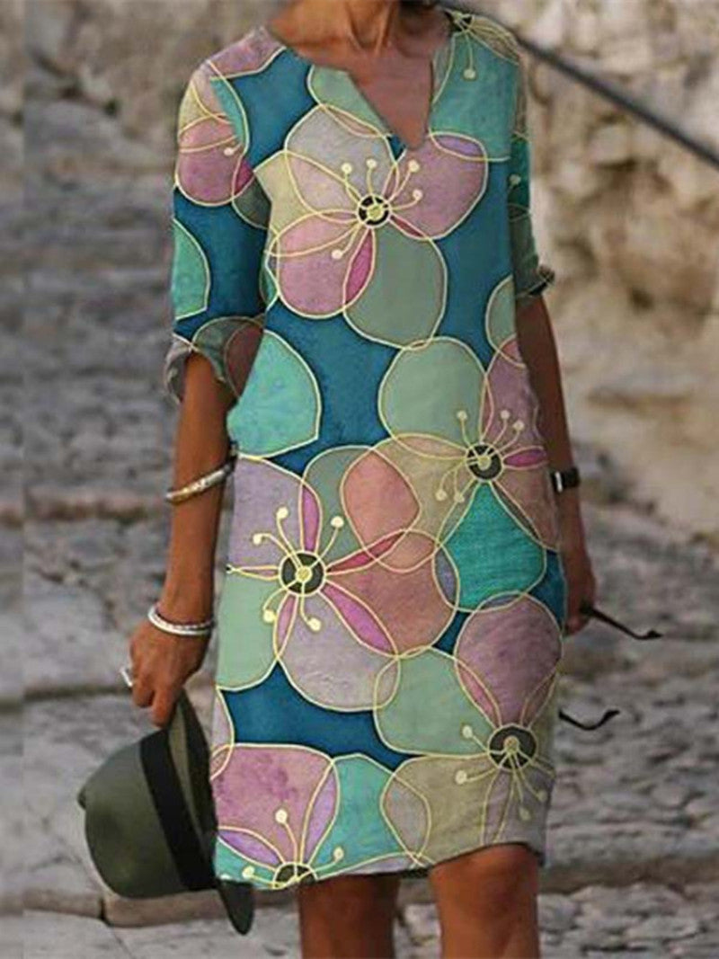CD - Rochie fermecătoare din in cu model floral pentru femei