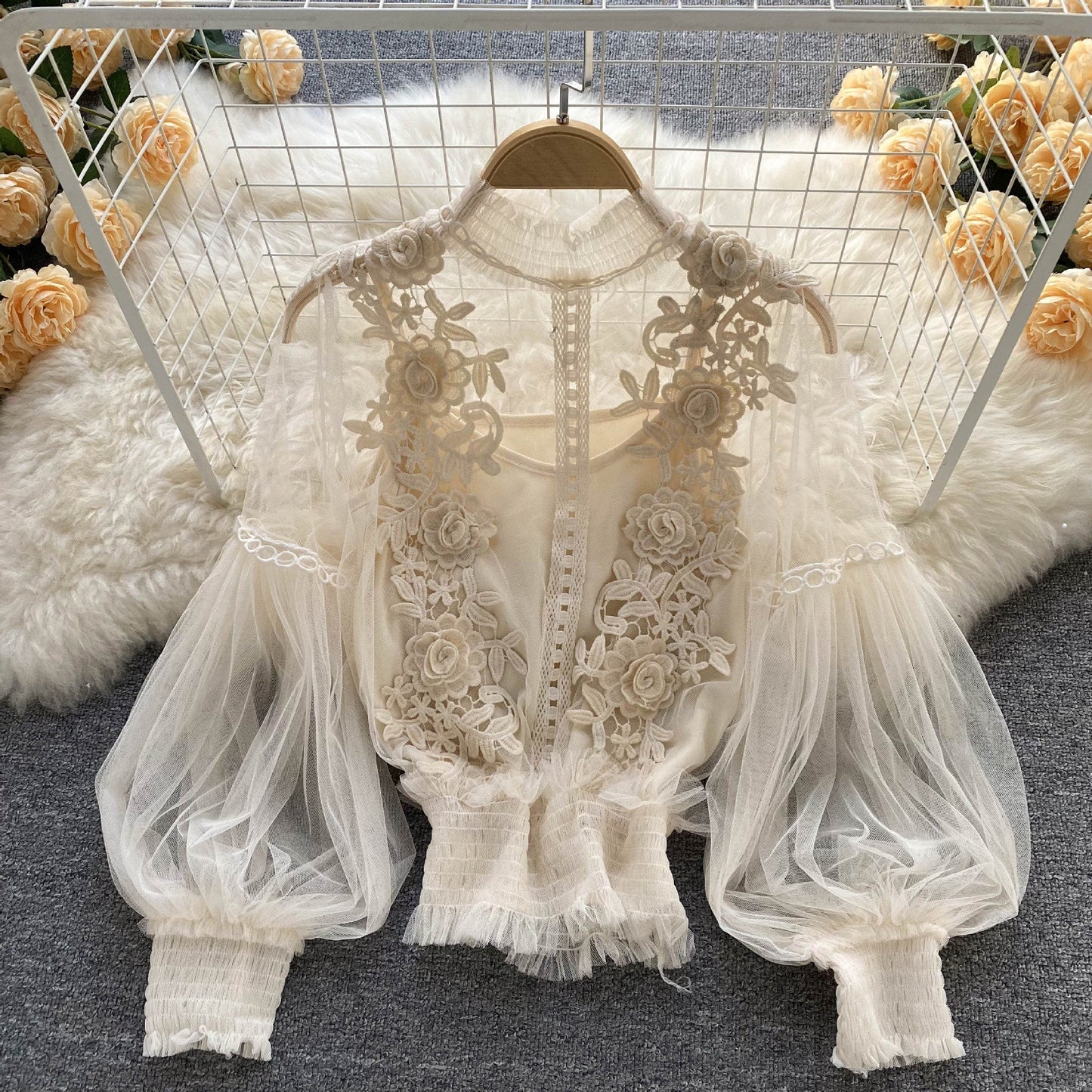 CD | Perspectivă Mesh Gauze Lantern Sleeve Slim scurt Top Femei Lace Leggings Undershirt