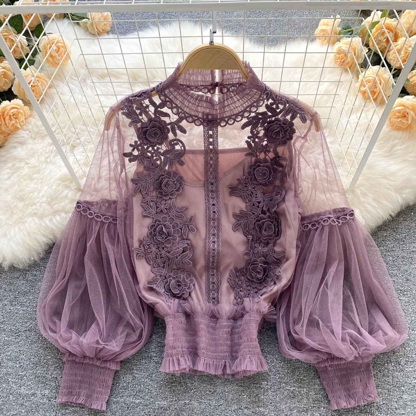CD | Perspectivă Mesh Gauze Lantern Sleeve Slim scurt Top Femei Lace Leggings Undershirt