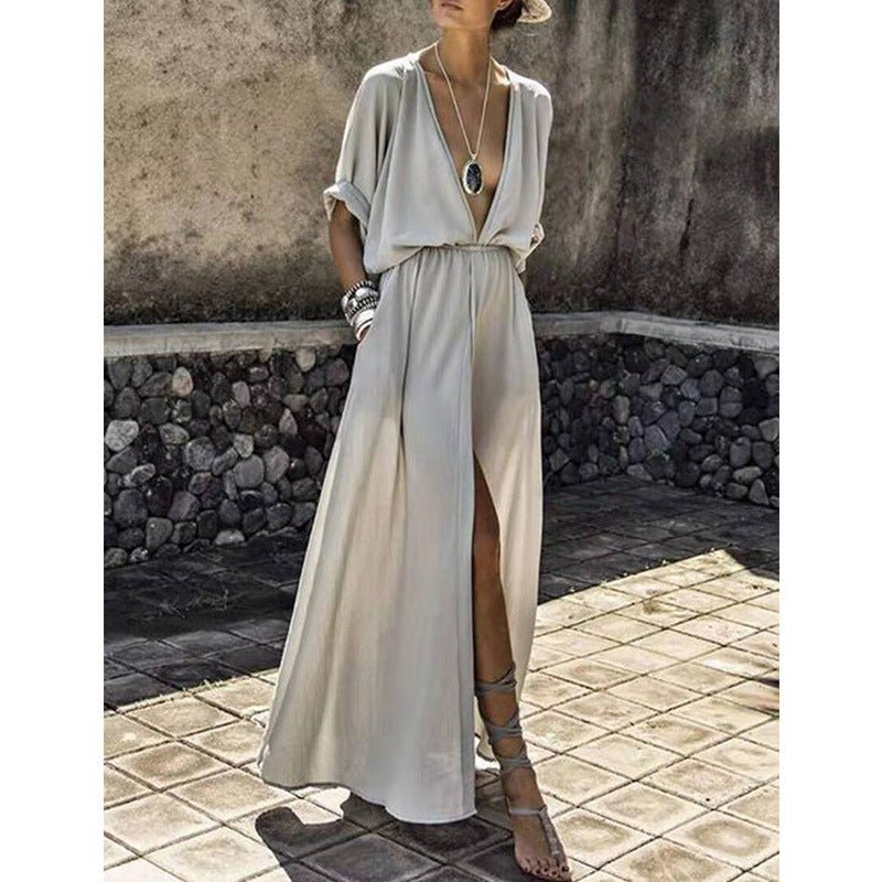 CD | Rochie maxi pentru femei - Ținută relaxată - Decolteu adânc în V - Fantă în față - Mâneci medii - Material fluid