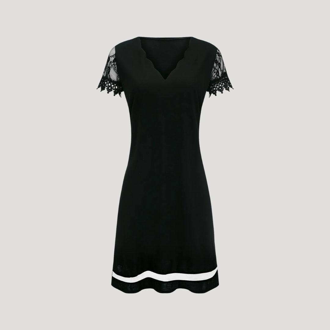 CD | Rochie mini neagră pentru femei cu mâneci scurte din dantelă