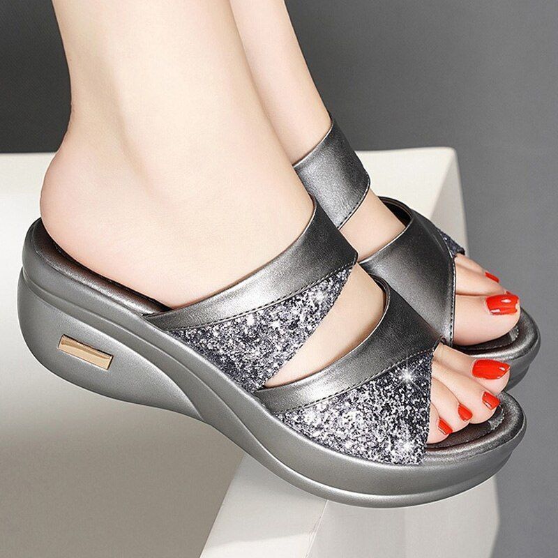 CD | Vara Glitter PU Wedge Platform Sandale confortabile pentru femei