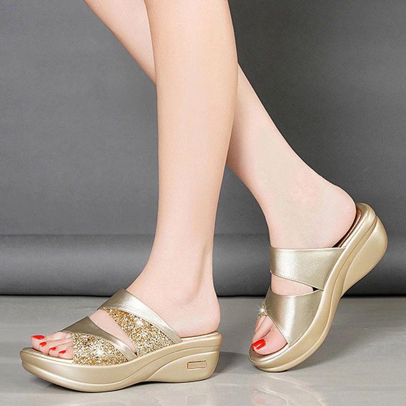 CD | Vara Glitter PU Wedge Platform Sandale confortabile pentru femei