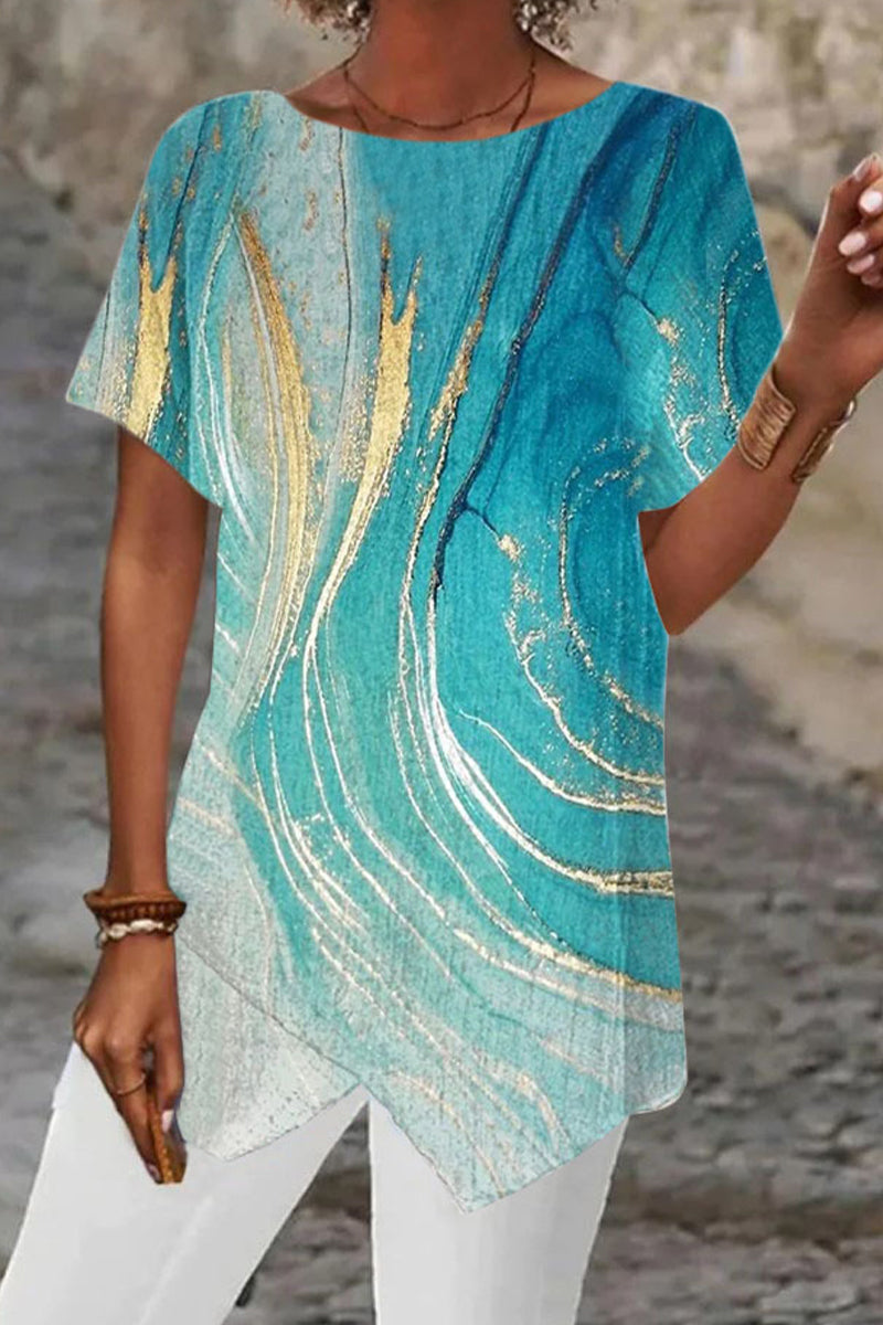 CD | Casual College Geometric Print Patchwork O Neck T-Shirts (5 culori)