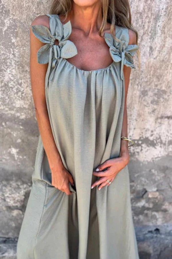 CD | Rochie Maxi solidă cu ornamente florale, fără mâneci, lejeră