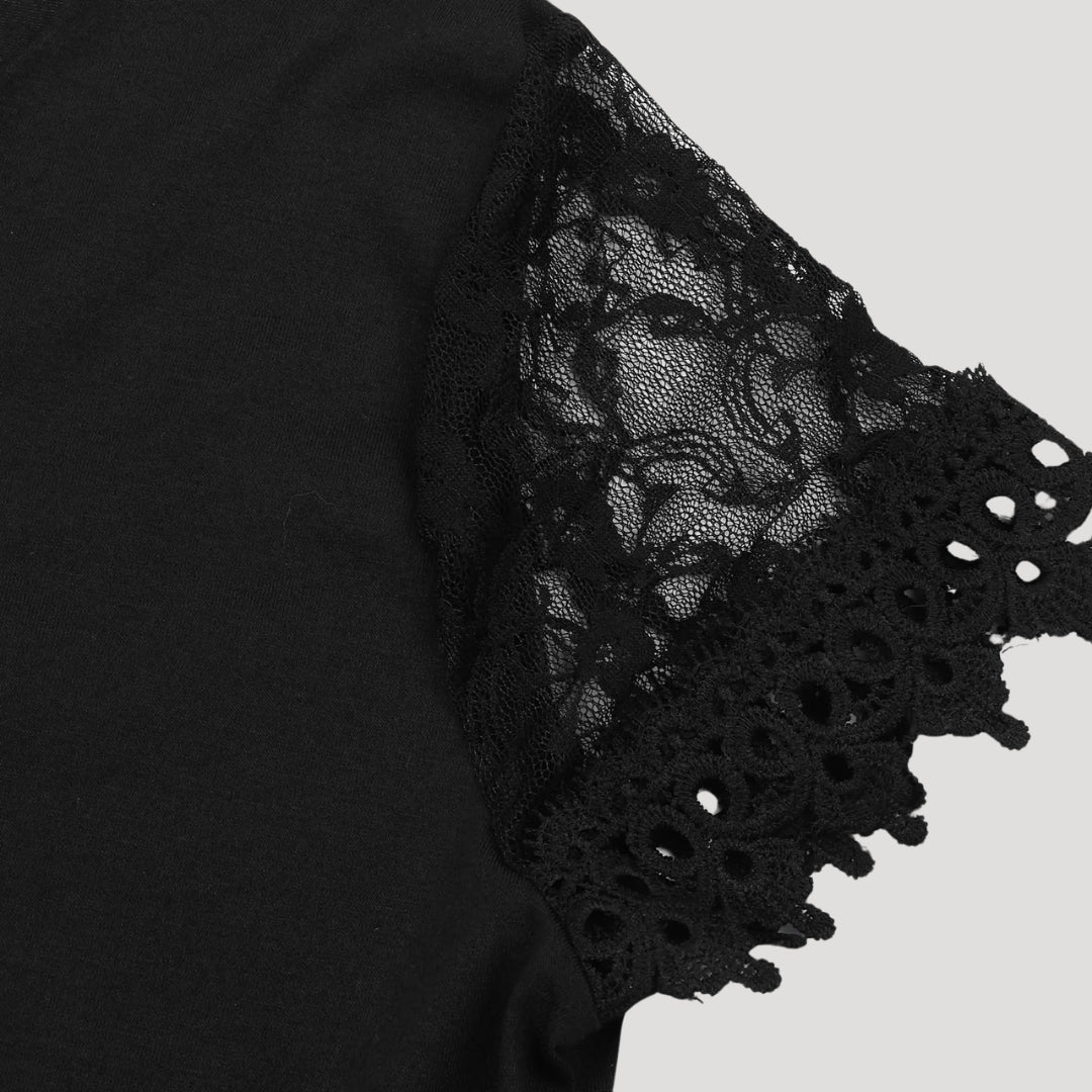 CD | Rochie mini neagră pentru femei cu mâneci scurte din dantelă
