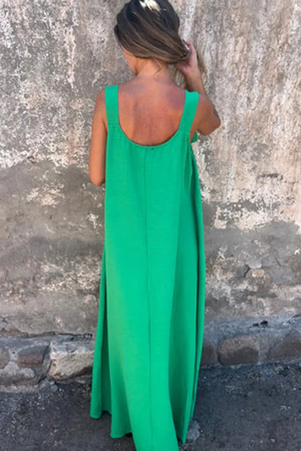 CD | Rochie Maxi solidă cu ornamente florale, fără mâneci, lejeră