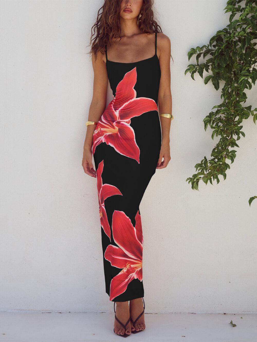 CD | Rochie maxi pentru femei - fără mâneci - cu bretele spaghetti - imprimeu floral - croială elegantă