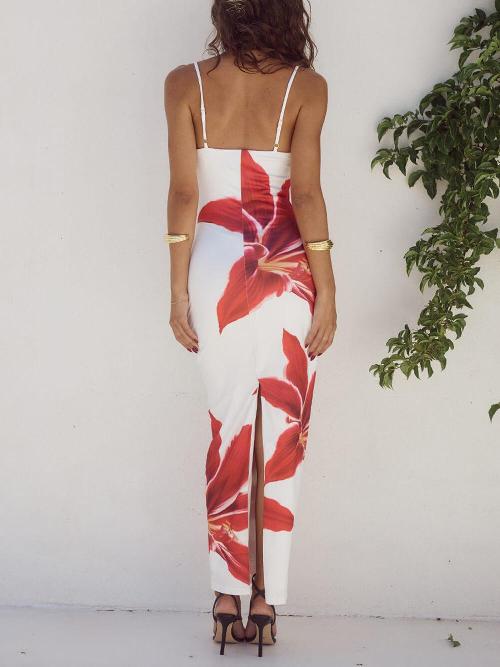 CD | Rochie maxi pentru femei - fără mâneci - cu bretele spaghetti - imprimeu floral - croială elegantă