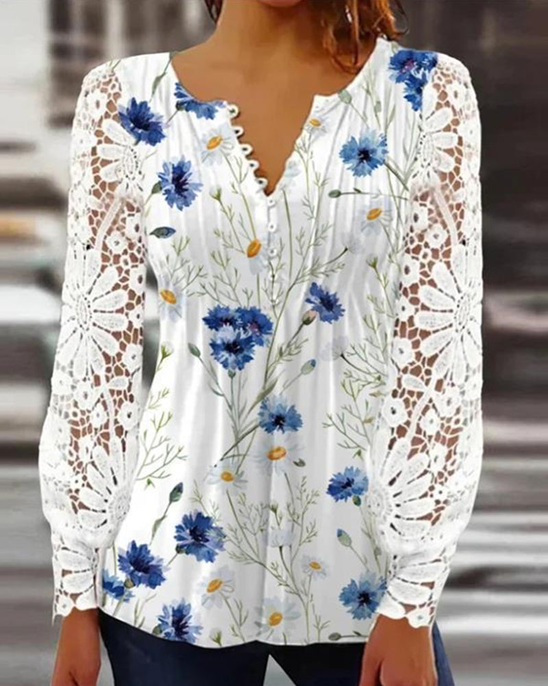 CD | Top elegant din dantelă cu decolteu în V și imprimeu floral