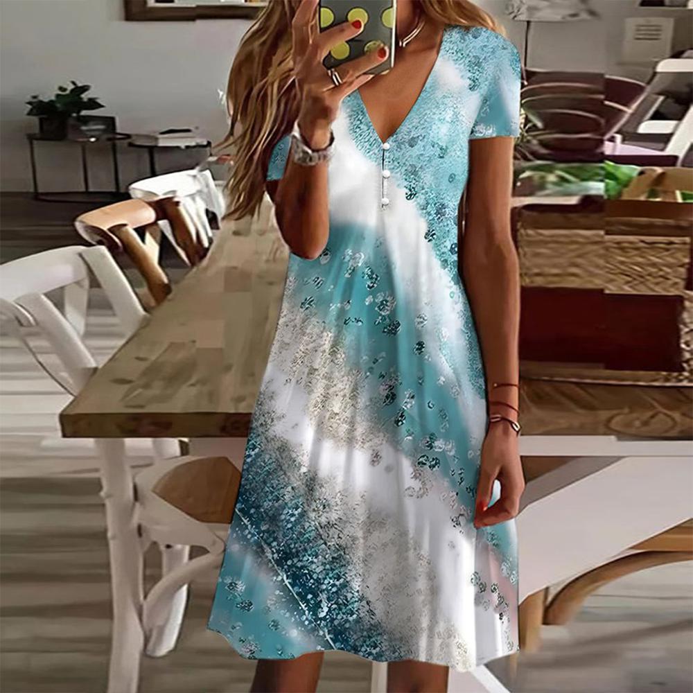CD | Rochie mini imprimată albastră cu mâneci scurte