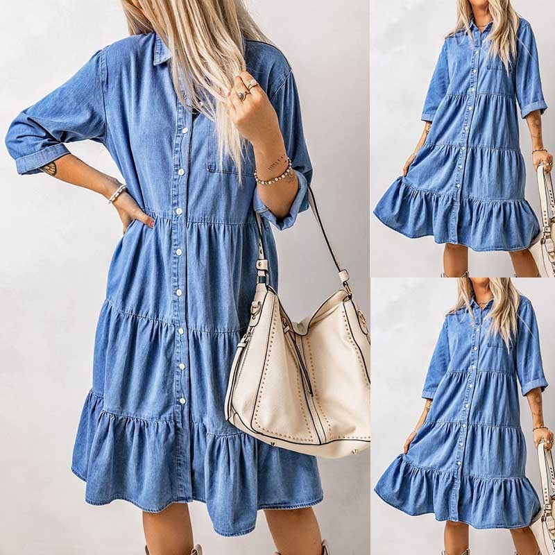 CD | Rochie mini chambray cu volane și croială cu nasturi din denim