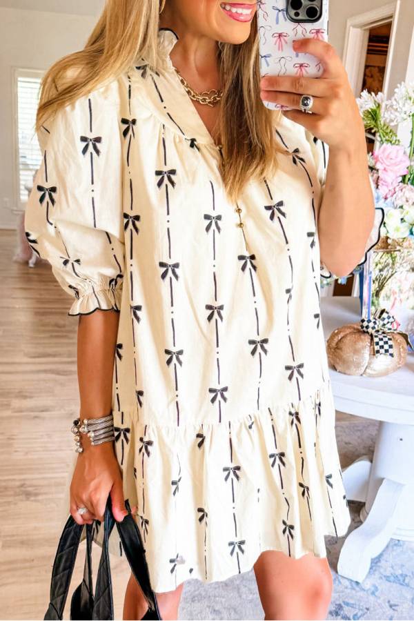 CD | Bej Cute Bowknot imprimat Bubble Sleeve V-Neck Mini Rochie