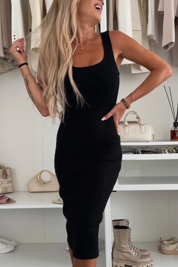 CD | Confort și feminitate coaste tricot rezervor fantă stretch rochie midi