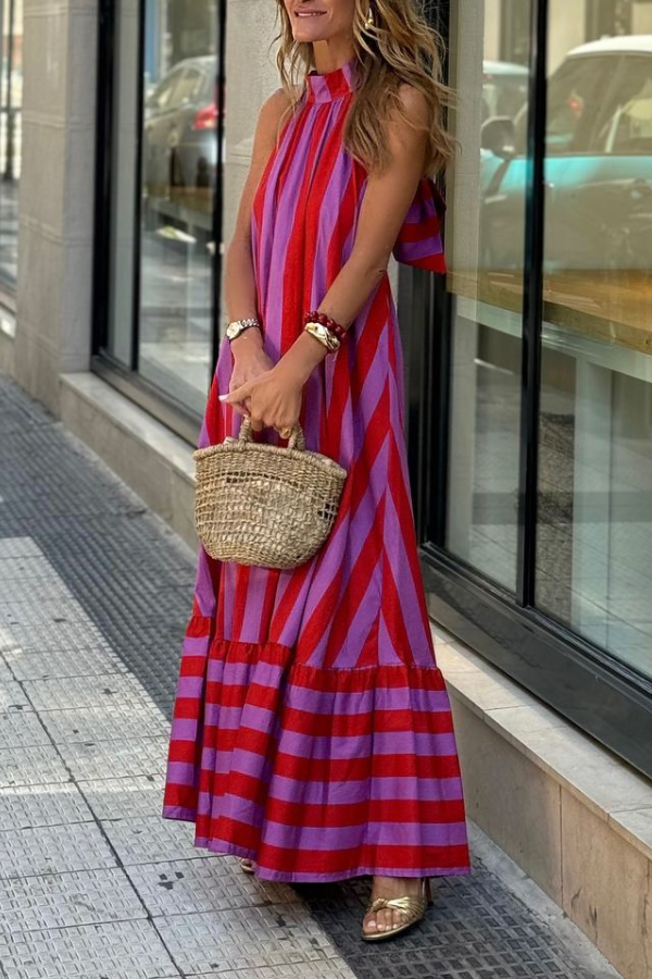 CD | Casual Red Striped vrac Backless rochie lungă