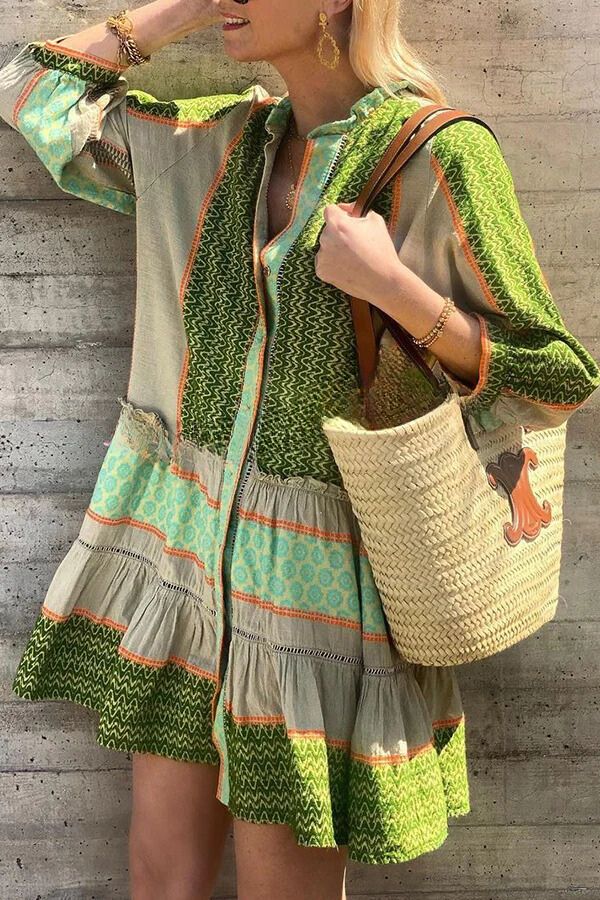 CD | Stil de vacanță etnic imprimare buton vrac Mini rochie