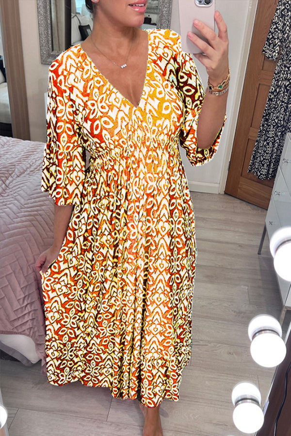 CD | Bohème casual print V-neck waist wrap rochie lungă