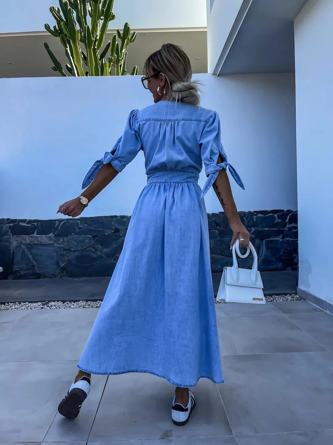 CD | rochie maxi casual elegantă cu nasturi în albastru