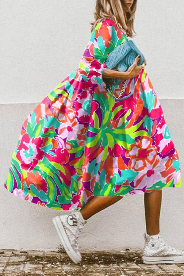 CD | Vintage florale imprimare mare scăzut tiv A-line rochie midi