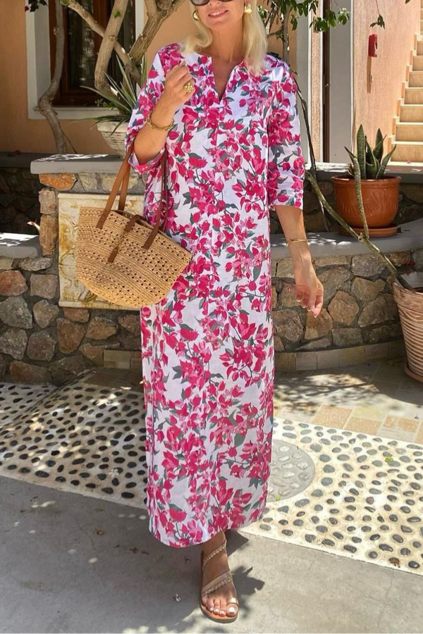 CD | Floral mijlocul lungimi mâneci V-neckline fantă rochie lungă