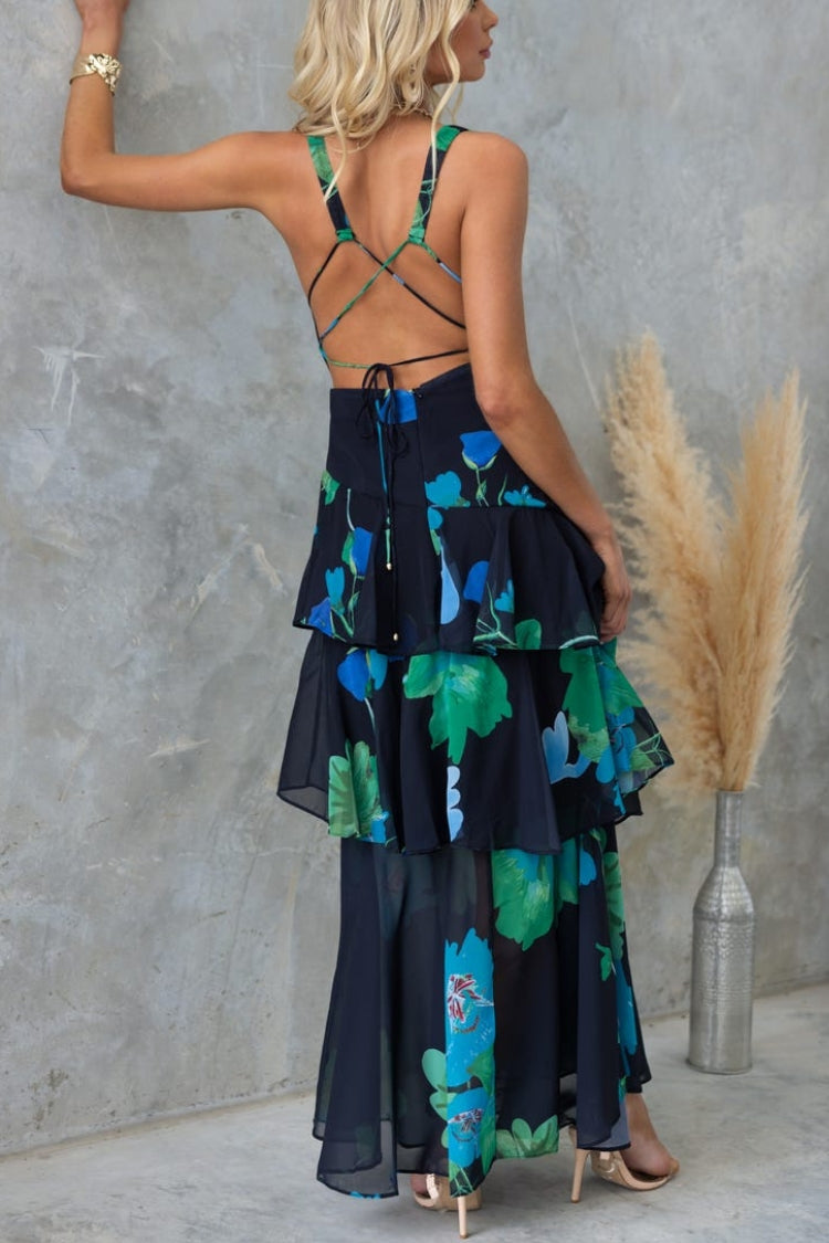 CD | REFRESHING FLORALE IMPRIMARE SPATE DANTELĂ-UP MULTI-TEIR RUFFLE TIV ROCHIE MAXI