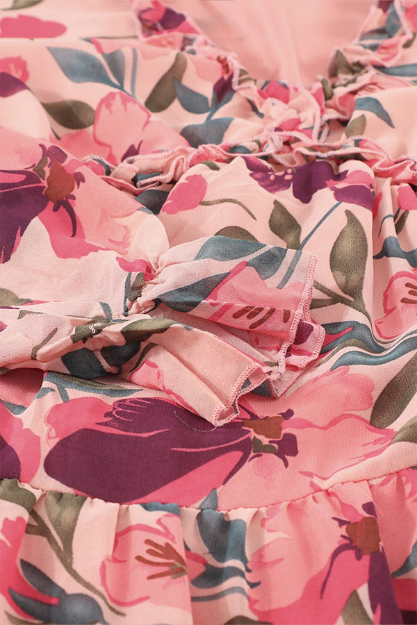 CD | Rochie maxi decoltată cu volane și imprimeu floral roșu pastel