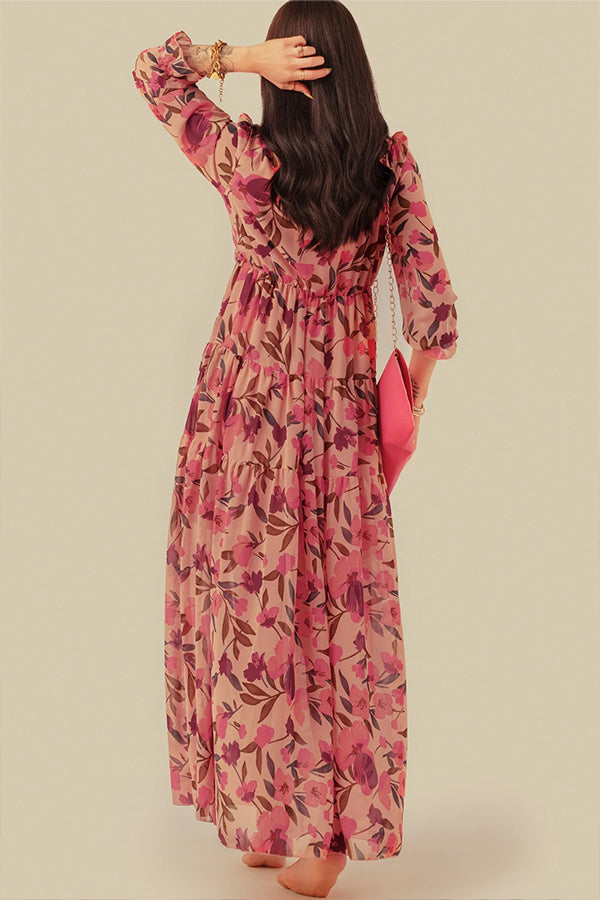 CD | Rochie maxi decoltată cu volane și imprimeu floral roșu pastel