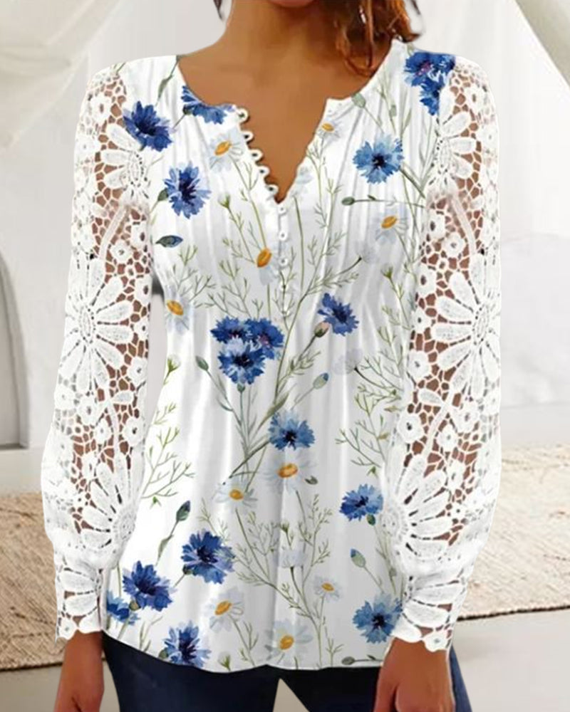 CD | Top elegant din dantelă cu decolteu în V și imprimeu floral